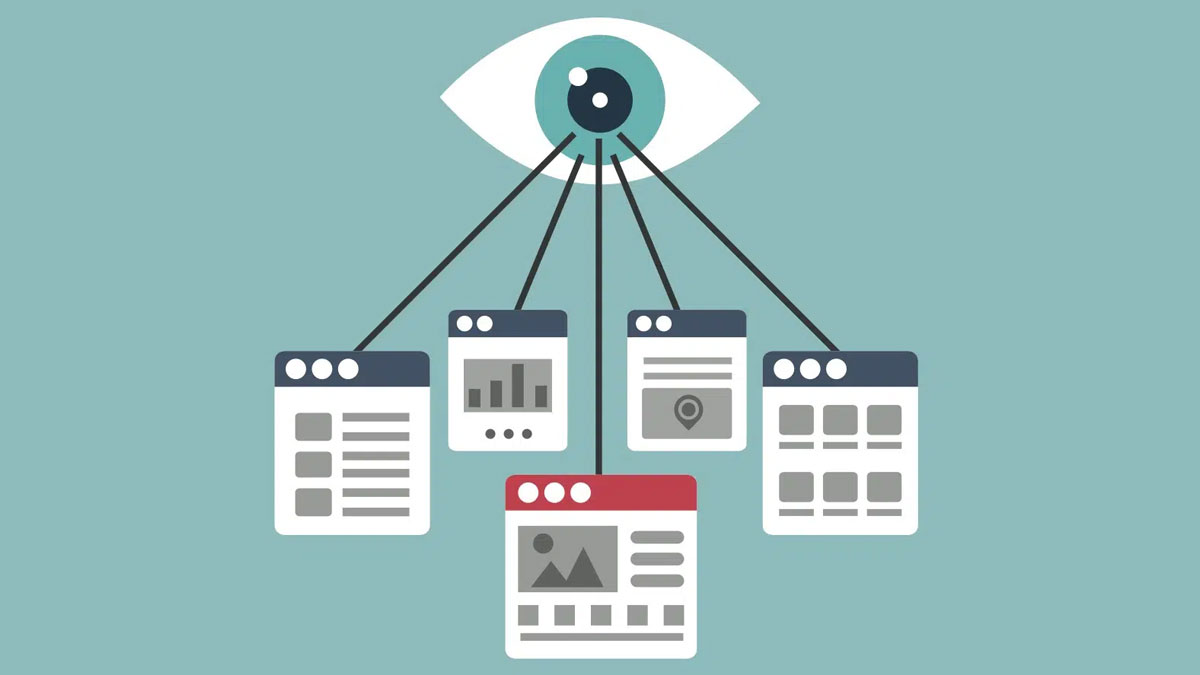Graphic of an eye with several mockups extending from it