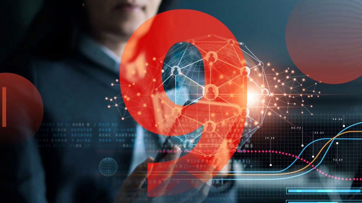 Photo of the number 9 highlighted in red with a network of users along with a woman in the background