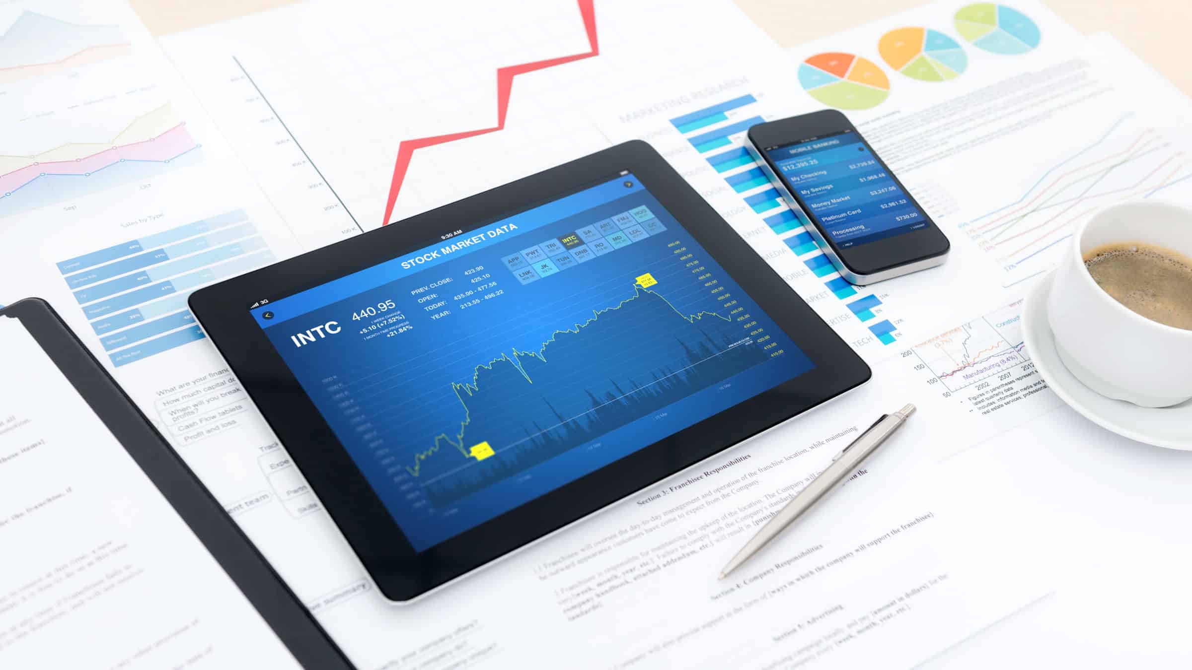 Modern financial application UX: Data visualization, stock market analytics, and mobile banking trends.