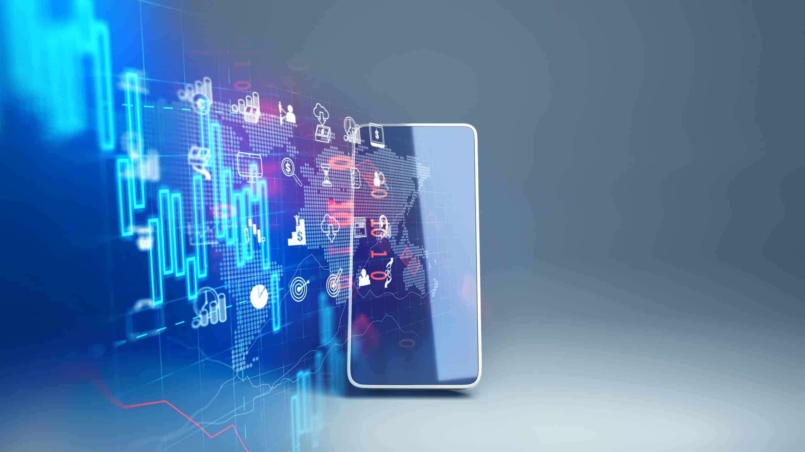 Graphic of a phone with icons showing a network along with icons and graphs