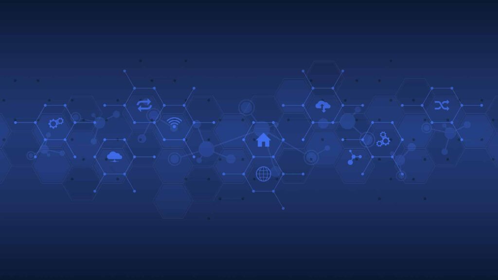 Dark blue image with small icons of gears, networks, globles and more