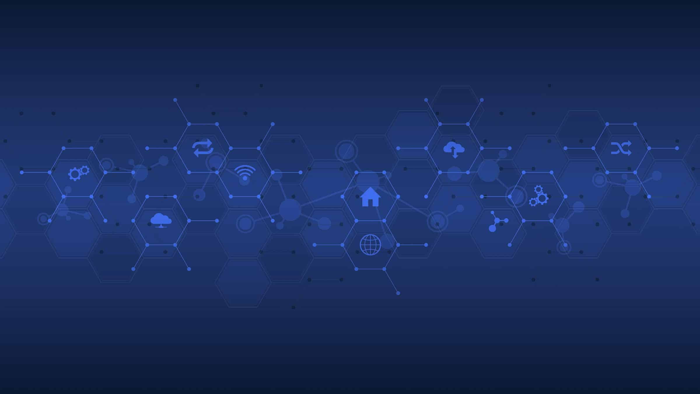 Dark blue image with small icons of gears, networks, globles and more