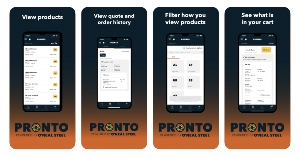Screens of the O'Neal Steel PRONTO mobile app in the App Store - built by Airship