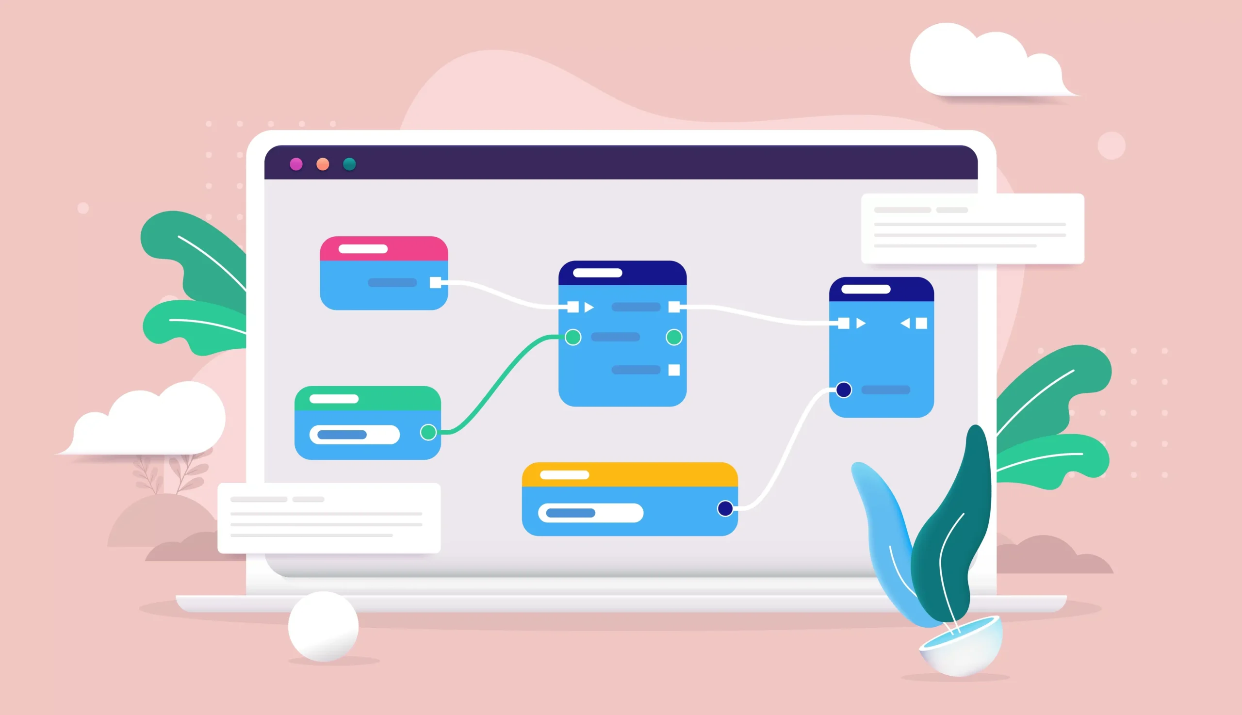 Illustration of a flowchart-style UX design interface displayed on a computer screen, representing simplified user experience and intuitive design.